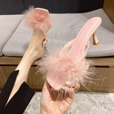 High Heels Damen Sommer Haarige High-Heel-Sandalen Hausschuhe Tragen Stiletto High Heels Karte Finger Ausländische Sandalen Vielseitig Reiner Wunsch