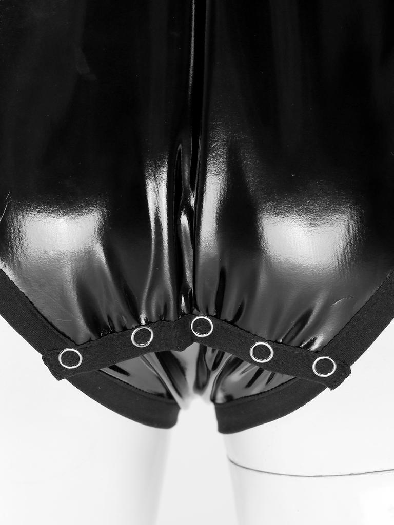 Hedmy Men's Wet Look Patent Leather Leotard Bodysuit Zipper High Cut Thong Catsuit Jumpsuit Clubwear