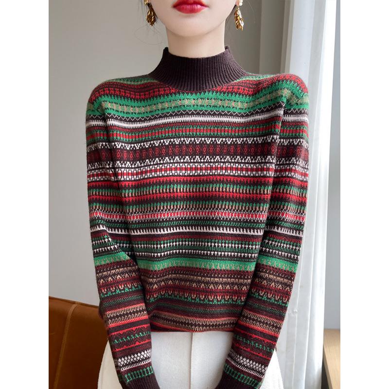 Damen Retro Gestreifter Strickpullover mit hohem Kragen - Vielseitig & Modisch für Herbst/Winter