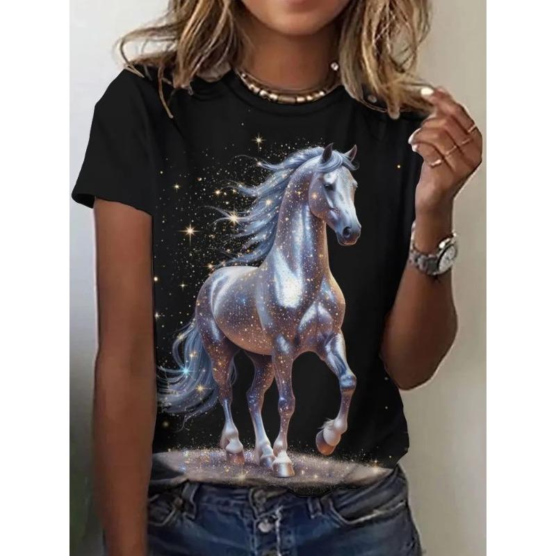 Haut décontracté à manches courtes et col rond avec imprimé animal cheval pour femme