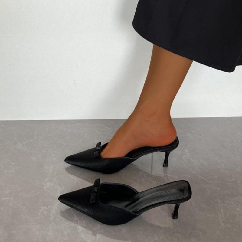 Fashion 2025 Summer New Women's Closed Toe Slippers Bow Tie Fashion Pointed Toe Thin Heel Modern Sandals Plus Size Dress Daily Slippers