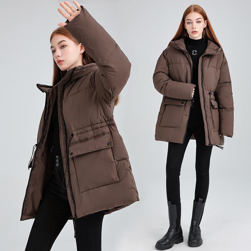New down cotton clothes, warm in winter, medium and long waist drawstring cotton-padded jacket