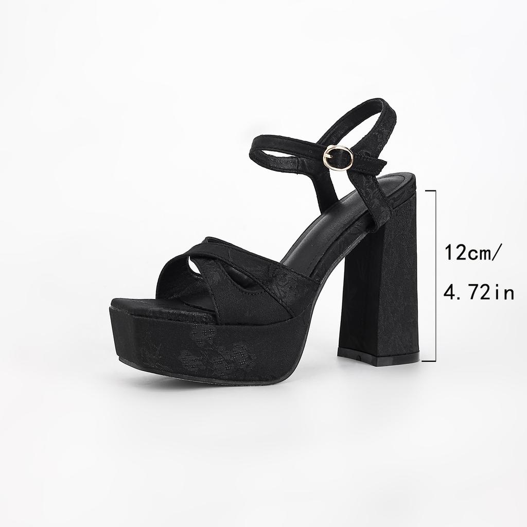 12CM ultrahoher Absatz wasserdicht Tisch schwarz mittel Cheongsam bestickt und bedruckt dicker Absatz große Größe europäische Größe Damen Sandalen