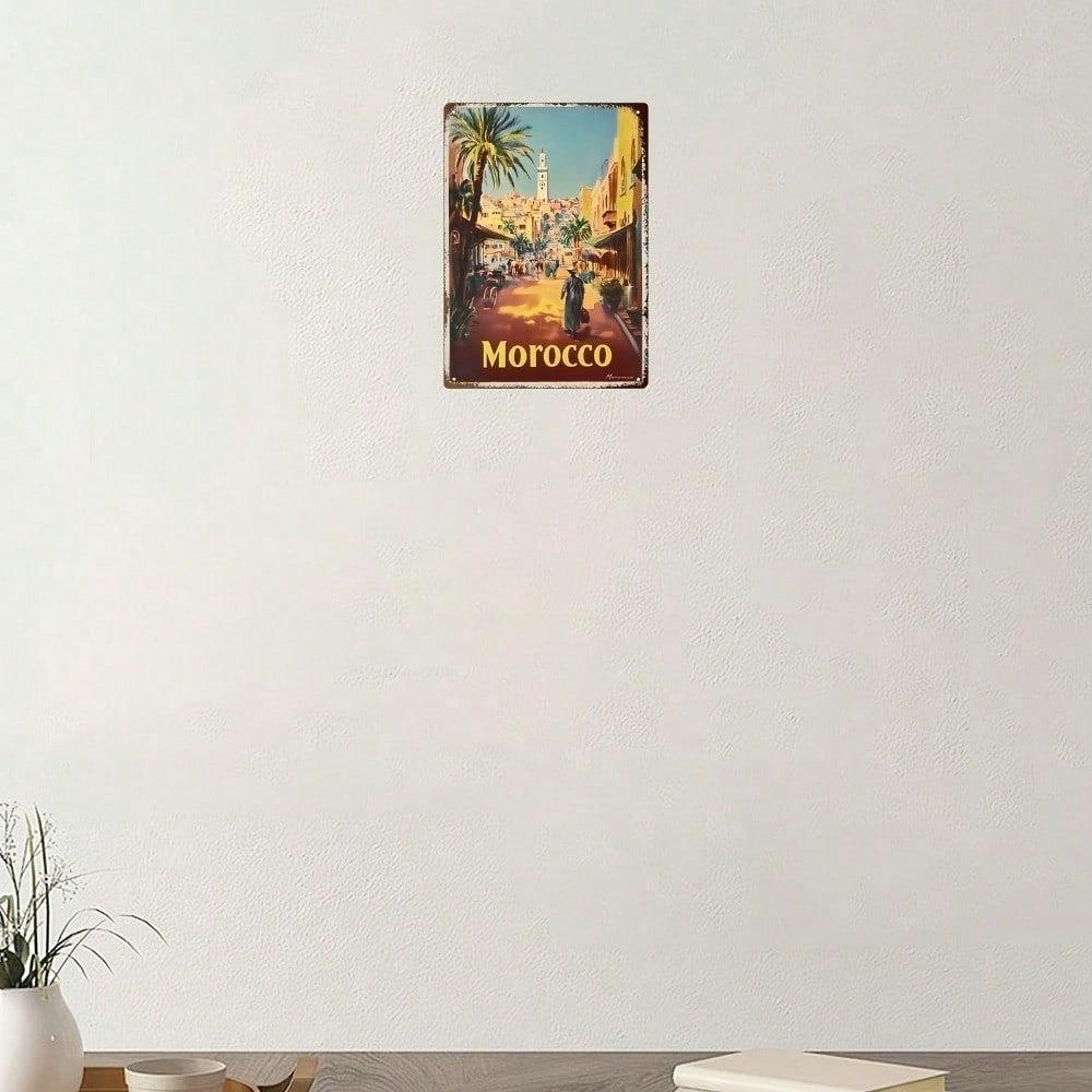Retro Metal Sign 8x12, Vintage Morocco 2D Flat Iron Wall Art, Text-Free Minimalist Room Decor, Rustic Home Display