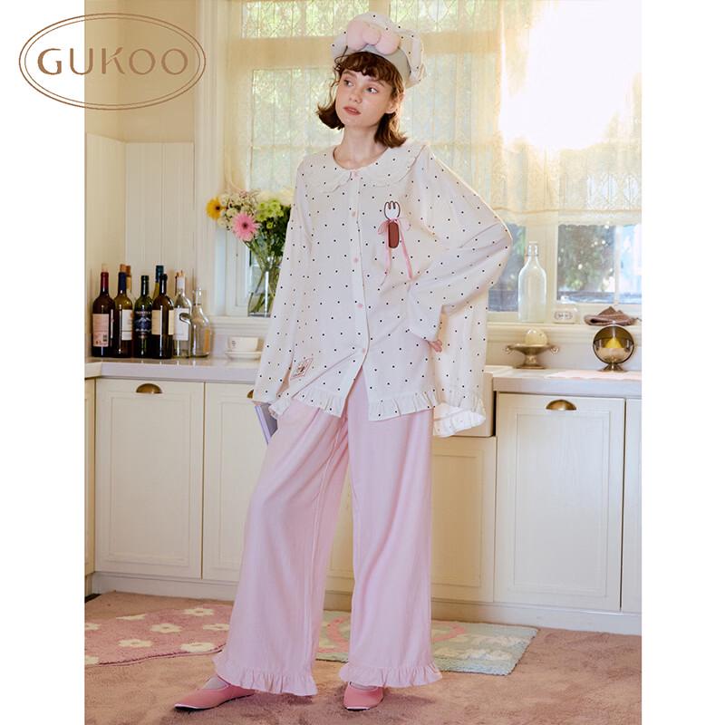 Gukoo Women s Cute Polka Dot Doll Collar Pajama Set L