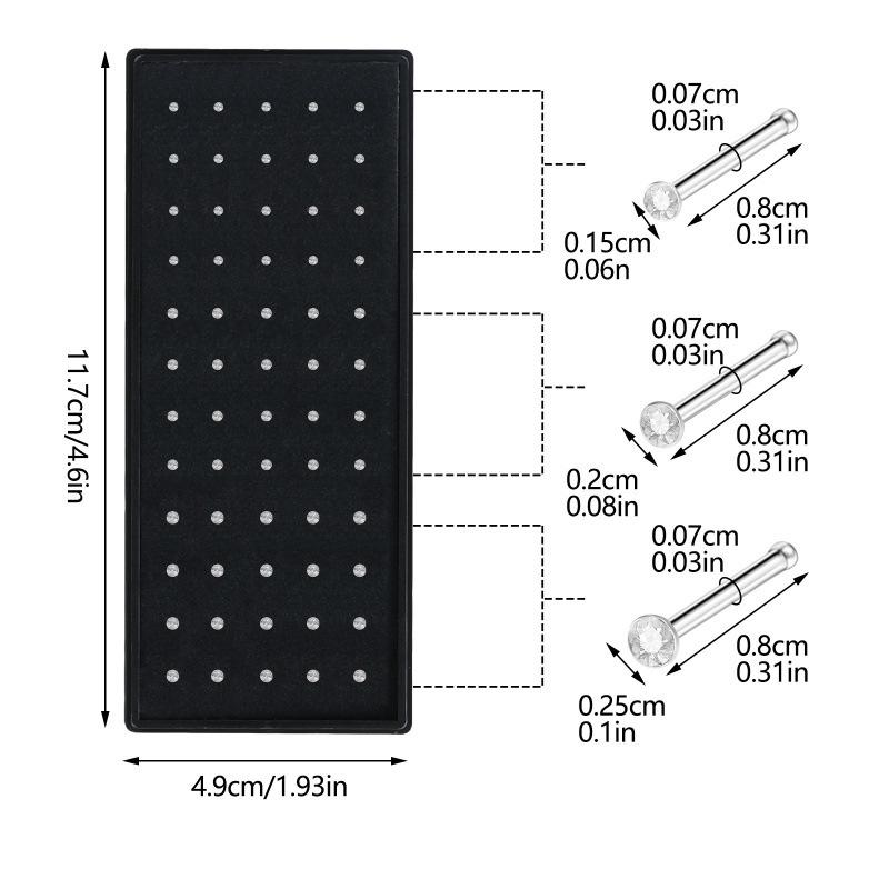 60-Piece Boxed Set: Diamond-Inlaid Stainless Steel Nose & Lip Studs - Assorted Sizes (1.5mm, 2.0mm, 2.5mm) & Colors