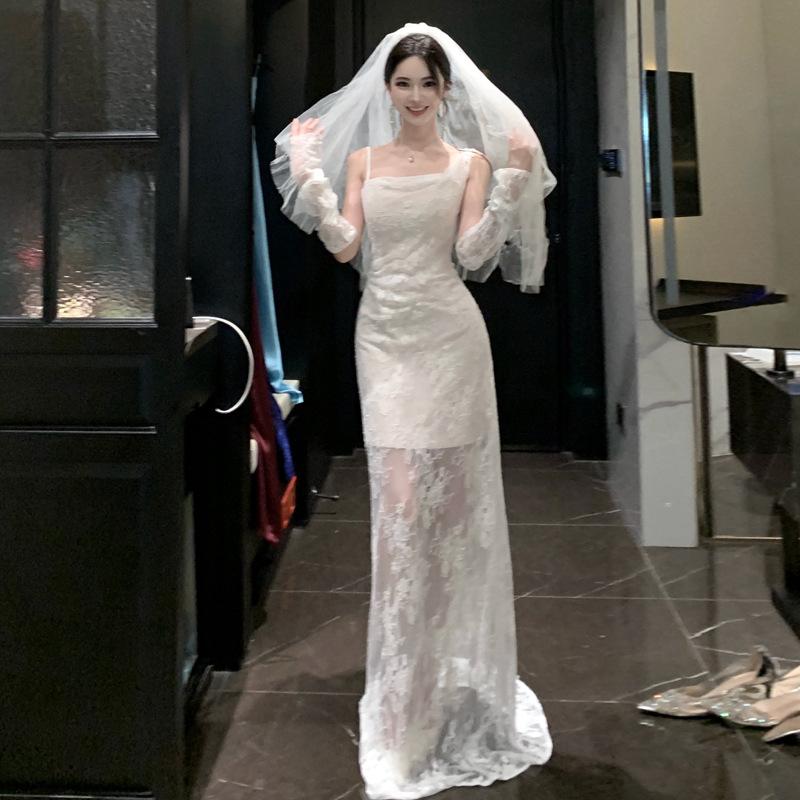 Vintage Light Wedding Dress Lace Mori Suspender Bridal Morning Robe Women's Engagement Banquet Birthday Dress Fishtail Go Out Gauze Skirt