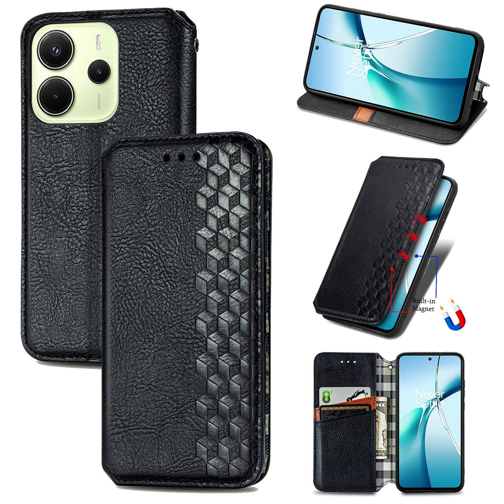 

Для Xiaomi Redmi Note 14 4G (164,84x78,15x8,16 мм) Чохол Гаманець для Телефону з PU Шкіри з Тисненням Ромб Black