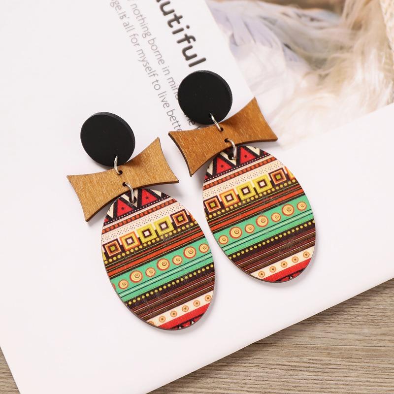 Bohemian Wood Stud Earrings Niche Design Geometric Stripe Print Earrings Femininity Personality Earrings
