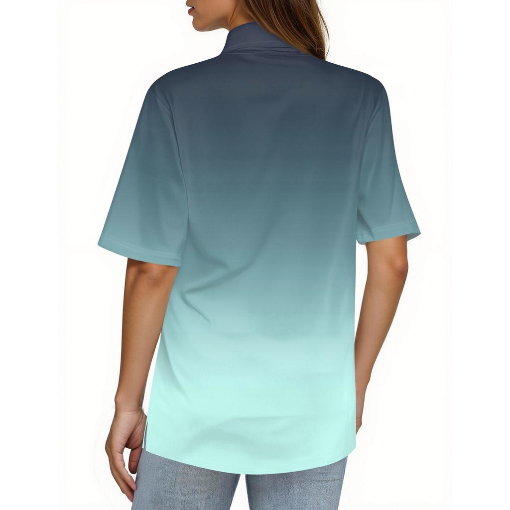 Damenmode Lässig Knopf Tasche Hemd Kurze Ärmel Druck Revers Oberteil