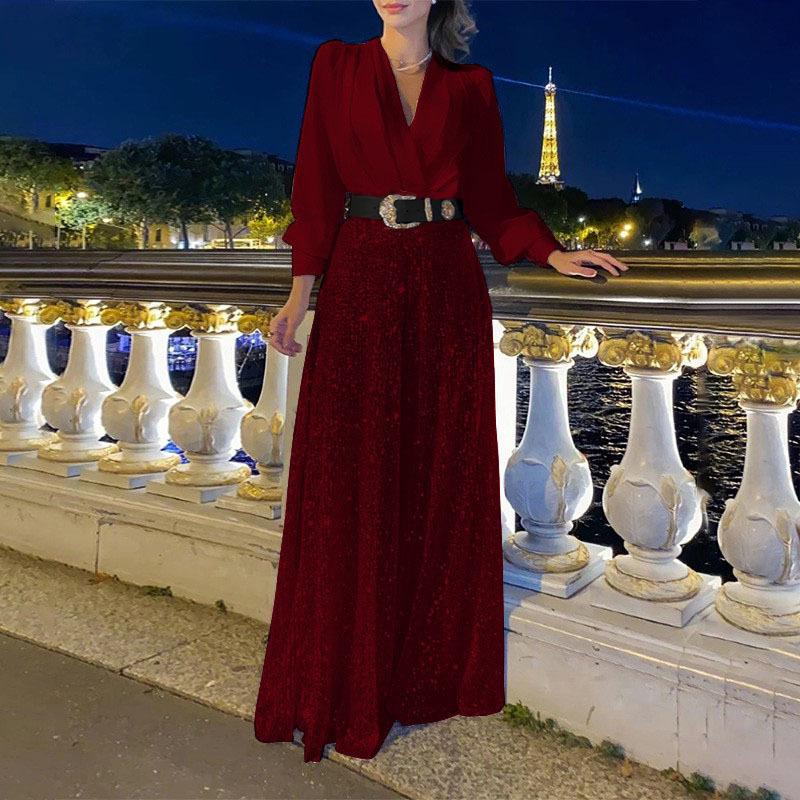 Pailletten-Taillenkleid V-Ausschnitt Langarm Mode Damen Hose Weites Bein Französisch für Frühling Herbst