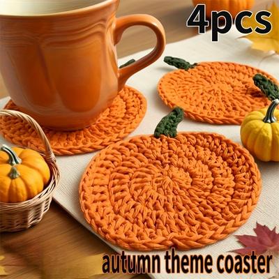 4 Stück Handgefertigte Häkelkürbis-Untersetzer - Herbst Thanksgiving Küchentisch-Dekoration,Rutschfestes Untersetzer-Set Rustikaler Landhausstil Zuhause