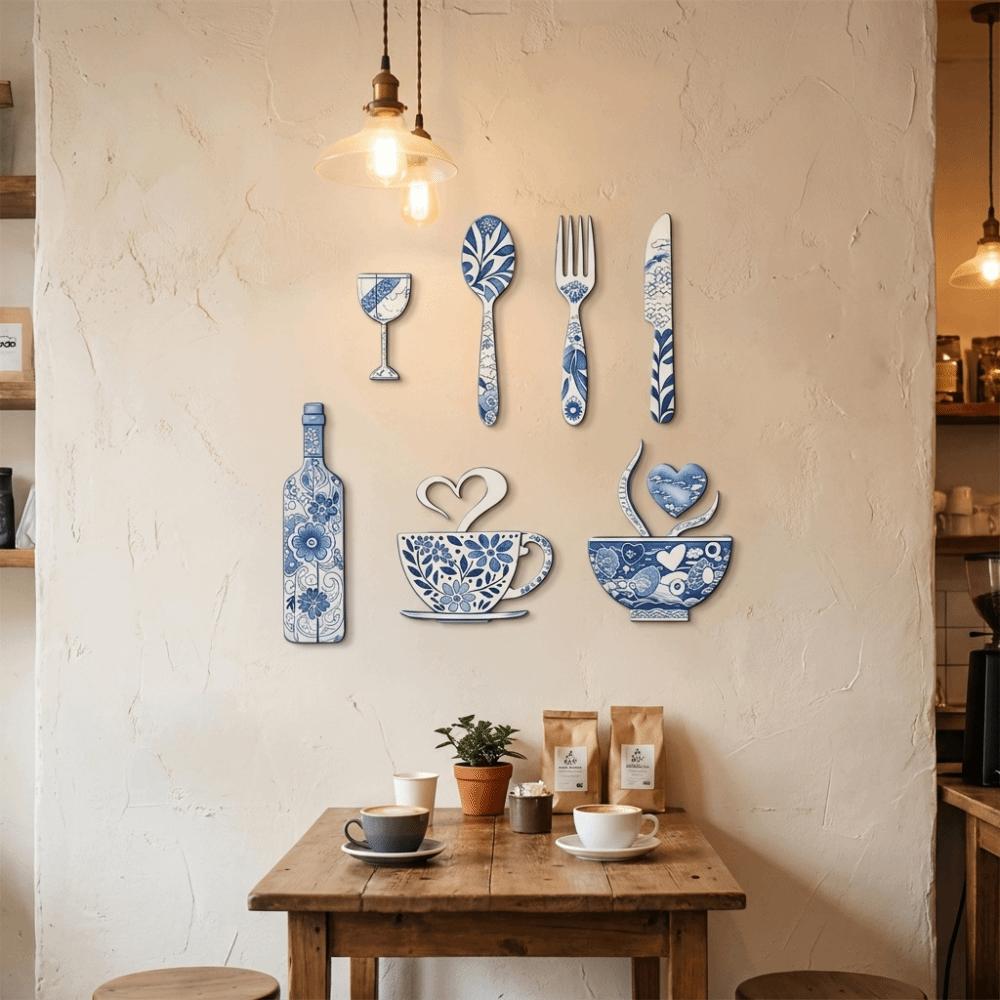 8PCS/SET Fork Wooden Wall Sticker Ornaments Pastoral Style Wooden Decorative Plaques Kitchen Decor