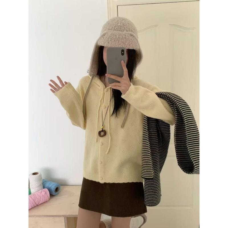 

Новый пуловер с капюшоном на кулиске, однобортный, с ажурным дизайном, свободный, мягкий, восковой, повседневный жакет-кардиган для женщин average size жёлтый