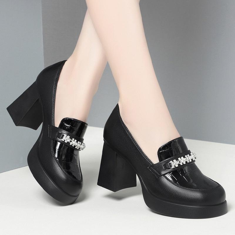 Vintage British Style Deep Mouth Patent Leather Shoes Women Pumps Spring Block Loafers Office High Heels Shoes