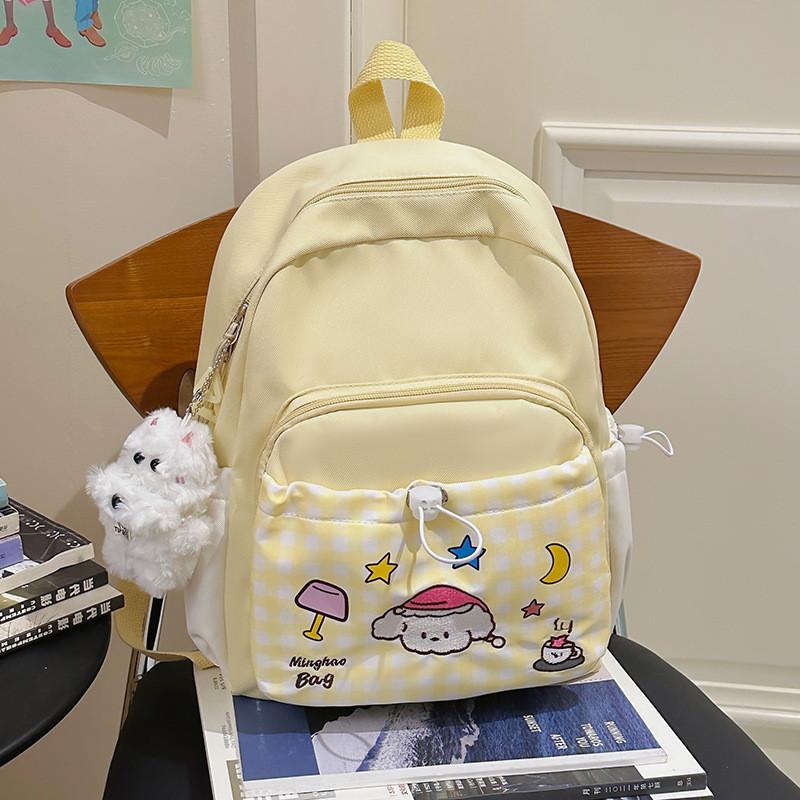 Casual Student Backpack With Dog Star Moon Desk Lamp Checkered Pattern For Girls Travel And School