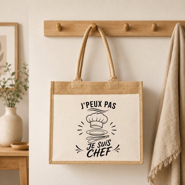 Sac Cabas Jute avec Poche J’peux pas je suis Chef J'peux pas minimaliste | Toile de Jute et Coton 21 L Fond Plat Anses 65 cm