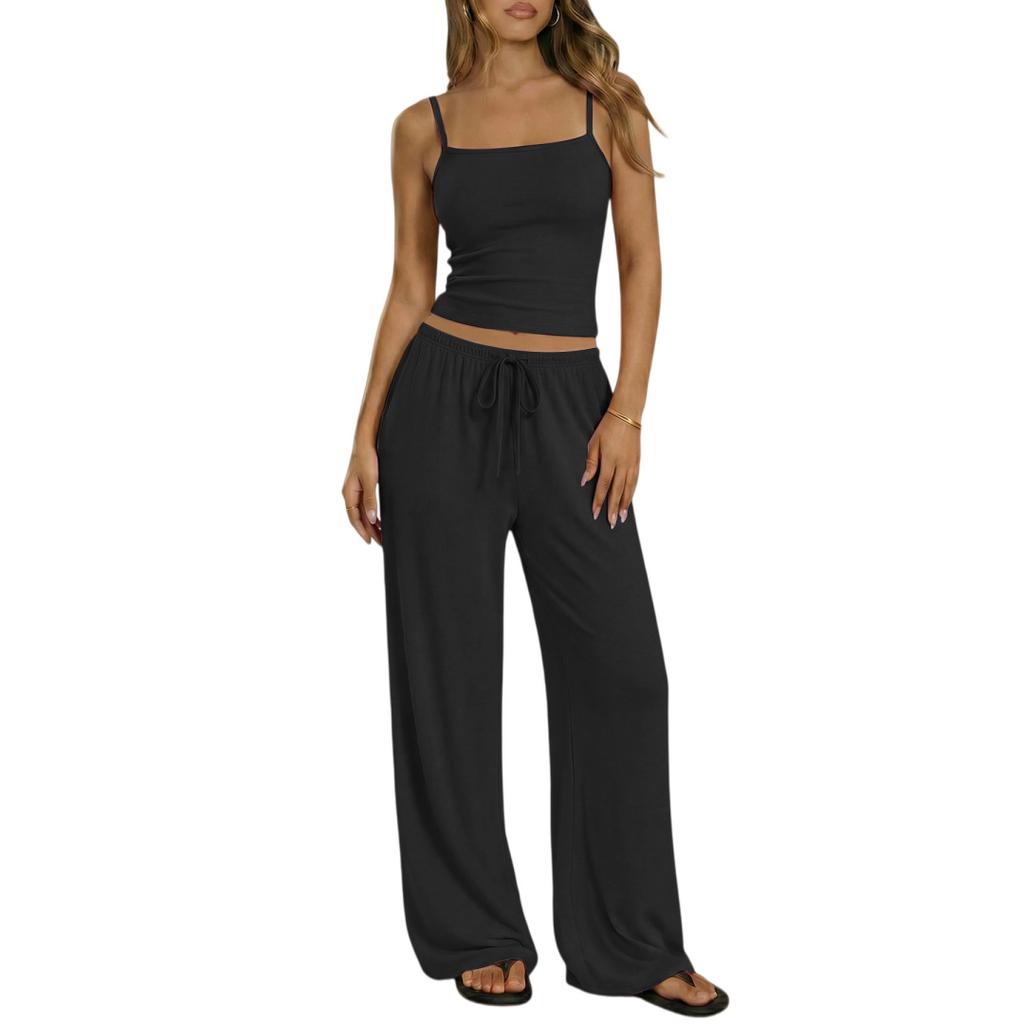 Spring Summer Women Camisole Crop Top Long Pants Casual Wide Leg Pants Lazy Style Set