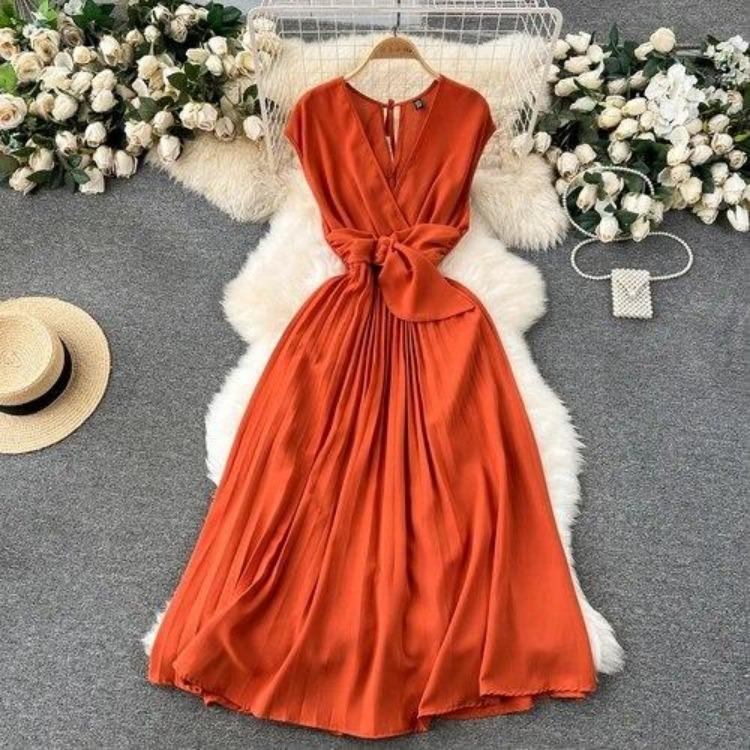 Sommer Neues Französisches Chic Maxikleid Damen V-Ausschnitt Ärmellos Schnürung A-Linie Falten Damenkleider Damen
