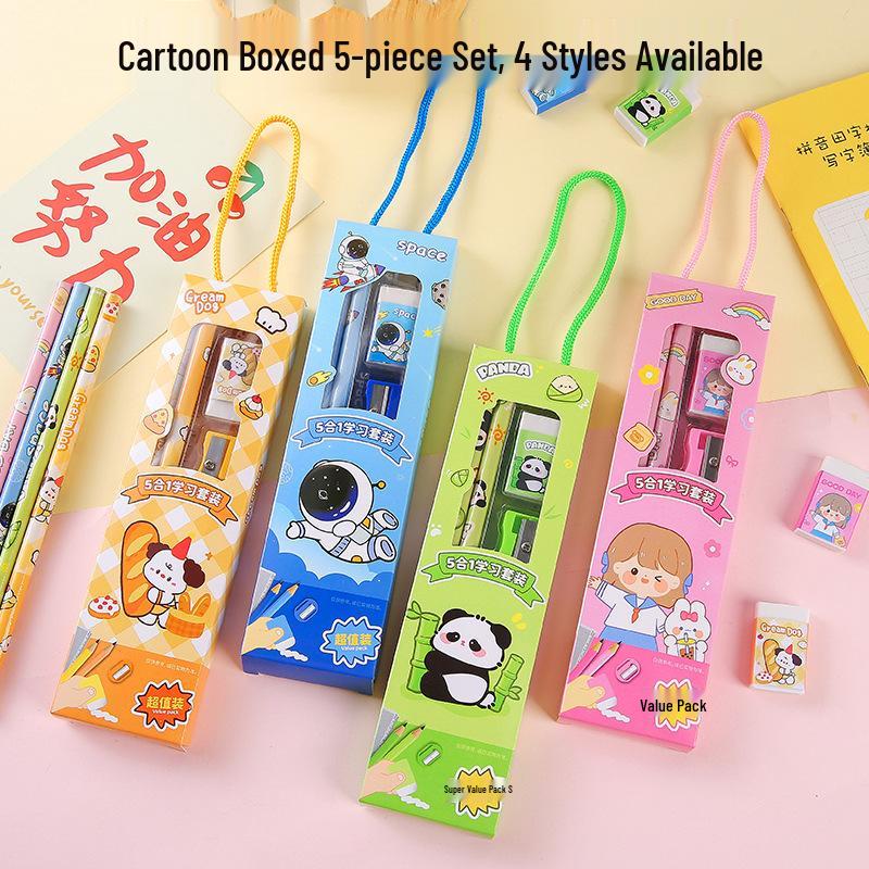 Cartoon Stationery Set: Five-Piece Pencil Kit for Primary School Students - Includes Children's Learning Supplies and Small Gifts.