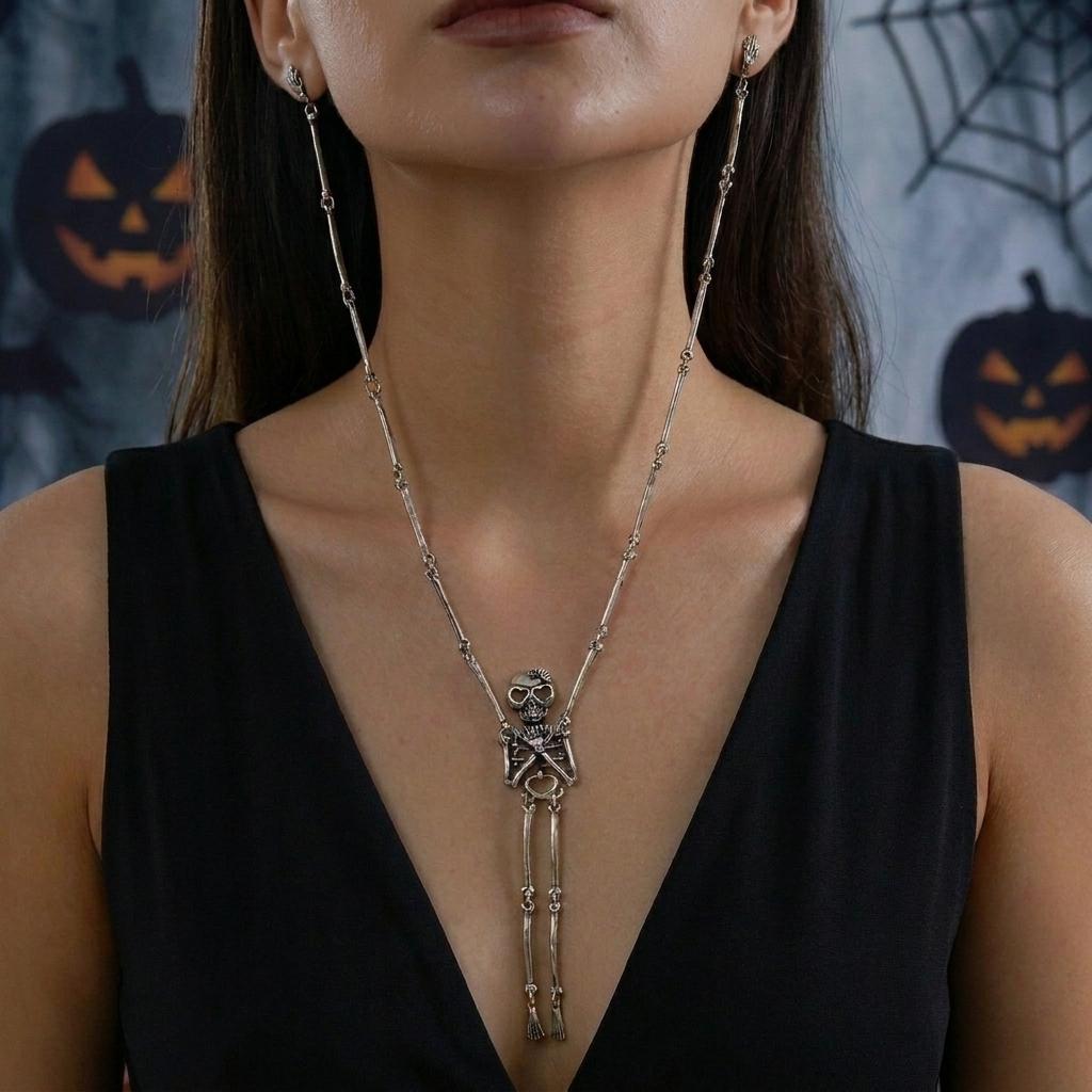 New Design Skeleton Hand Long Chain Stud Earring Necklace for Women Halloween Punk Skull Pendant Necklace Charm Party Jewelry