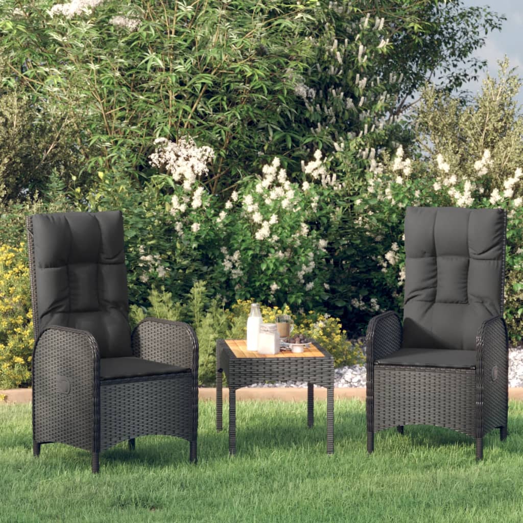 Vidaxl 3-Cz. Garden Lounge Set, Cushions, Black PE Rattan