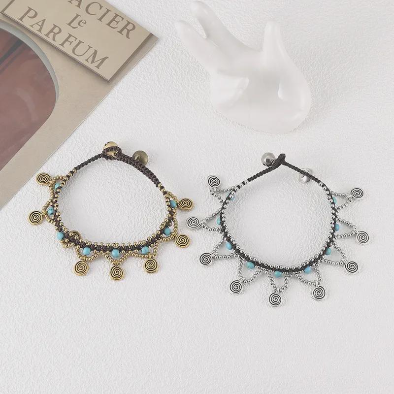 Boho Türkis-Kupfer Perlenarmband mit Wachskordel