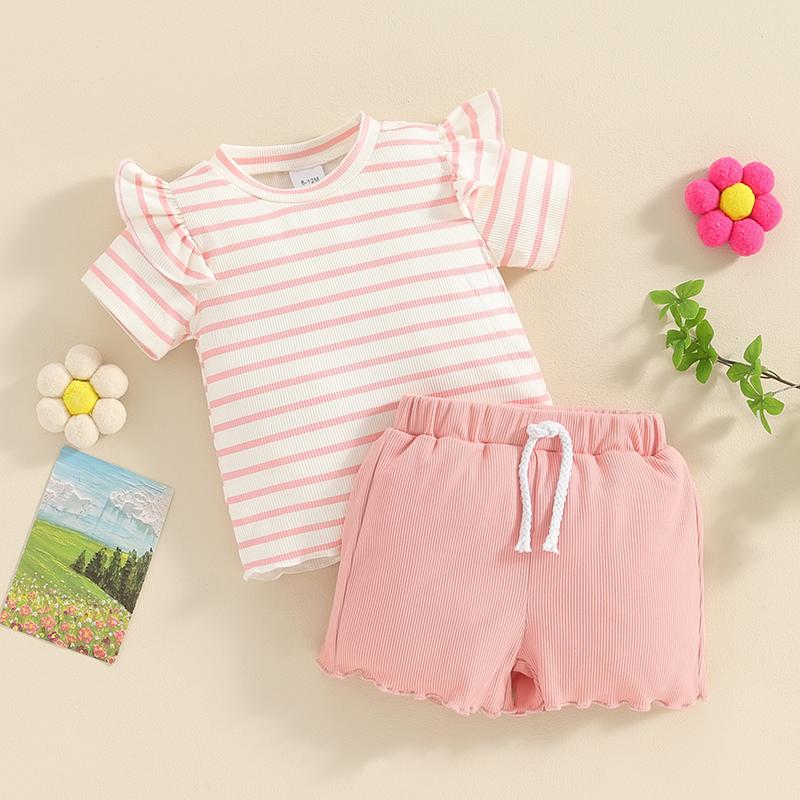 Little Girl 2 Piece Summer Set 6 12 18 24 Months 3 4 Years Round Neck Short Sleeve Striped Tops + Elastic Waist Wave Hem Shorts Infant Toddler Outfits