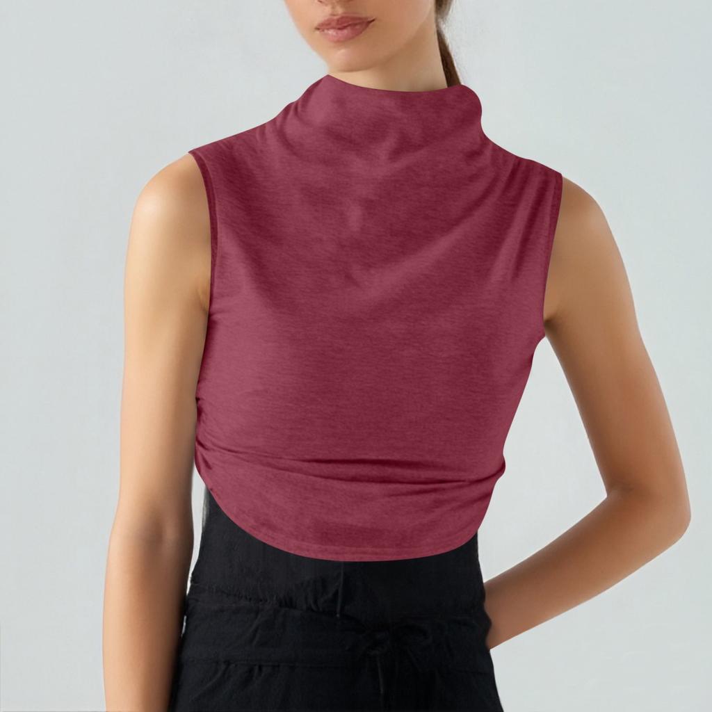 Women's Solid Color Semi-high-neck Sleeveless Vest Pleated  Top T-shirt