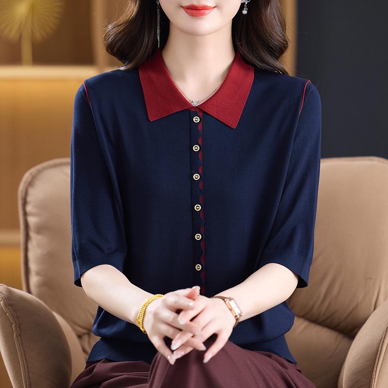 

Spring New Arrival Knit Sweater: Stylish Mid-Sleeve Lapel Top for Middle-Aged & Elderly Women 3XL (For 120-135 lbs)