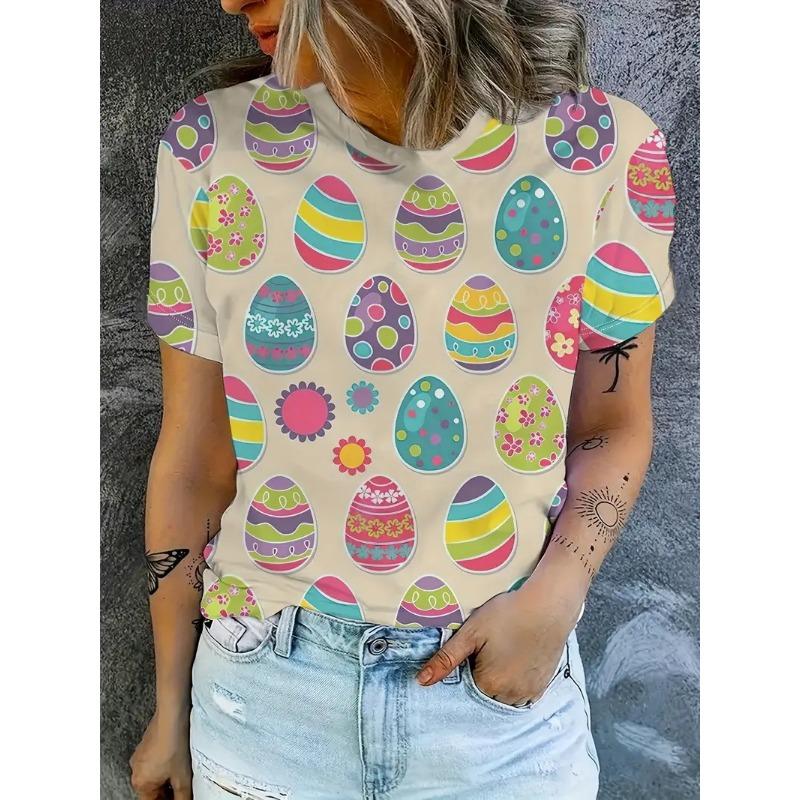 Full color Easter bunny and egg flower women's T-shirt casual short sleeved shirt
