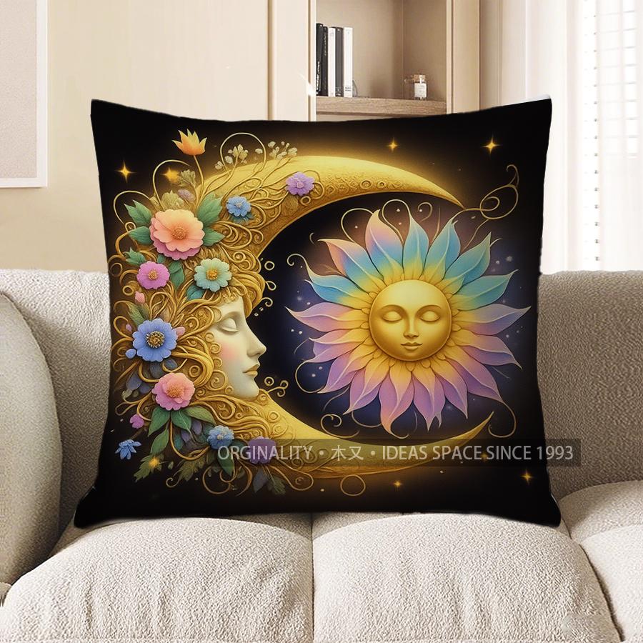 Home Decor Moon & Sun Floral Face Decorative Throw Pillow Pattern Cushion Cover Suitable For Sofa Bedroom Car Pillow Cover