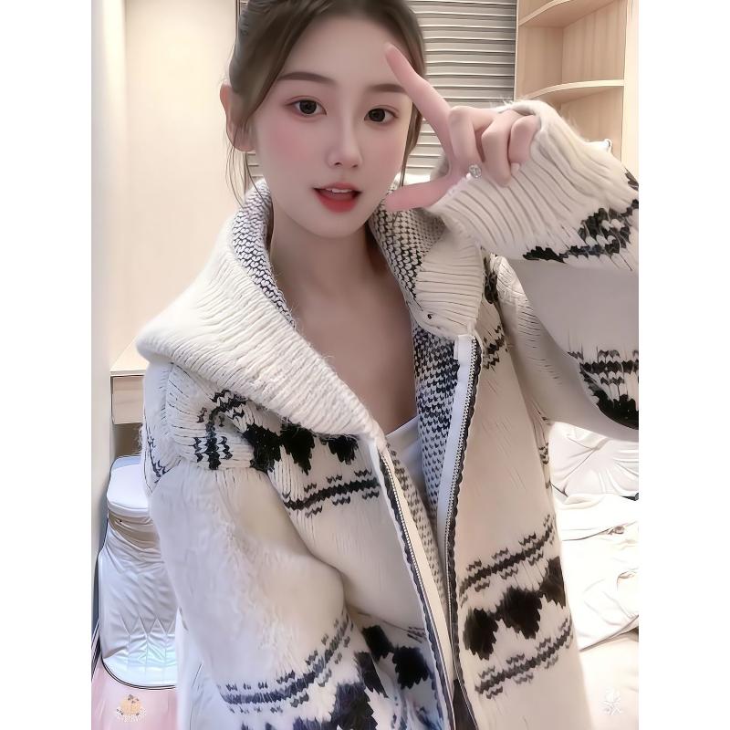 Lazy Style Retro Hooded Sweater Coat Autumn Winter New Korean Zipper Thickened Knitted Cardigan for Women