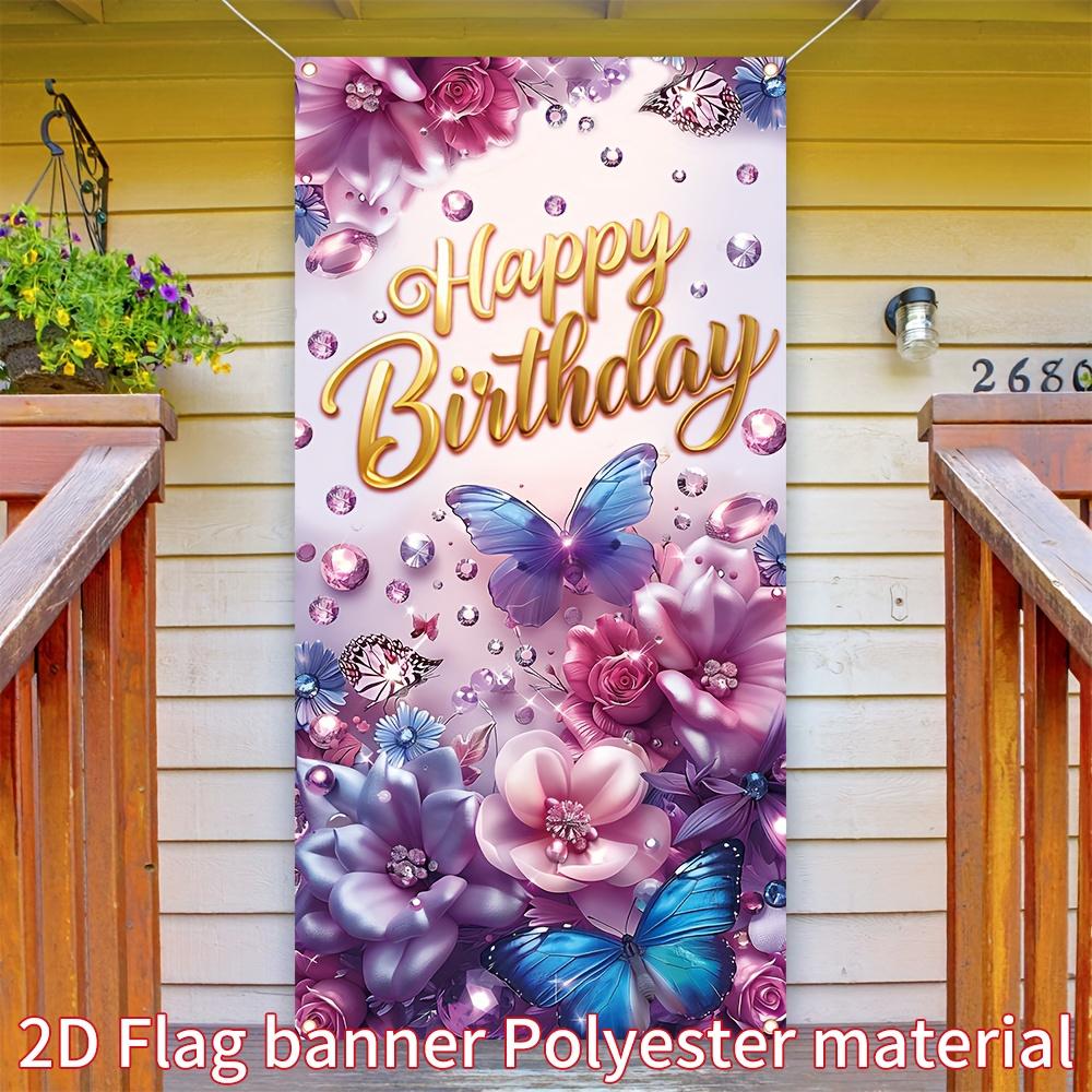 2D Flat Banner 1pc Happy Birthday Decorative Banner 90cm * 180cm/35.4in * 70.8in Floral Butterfly Birthday Decorative Banner Birthday Wall