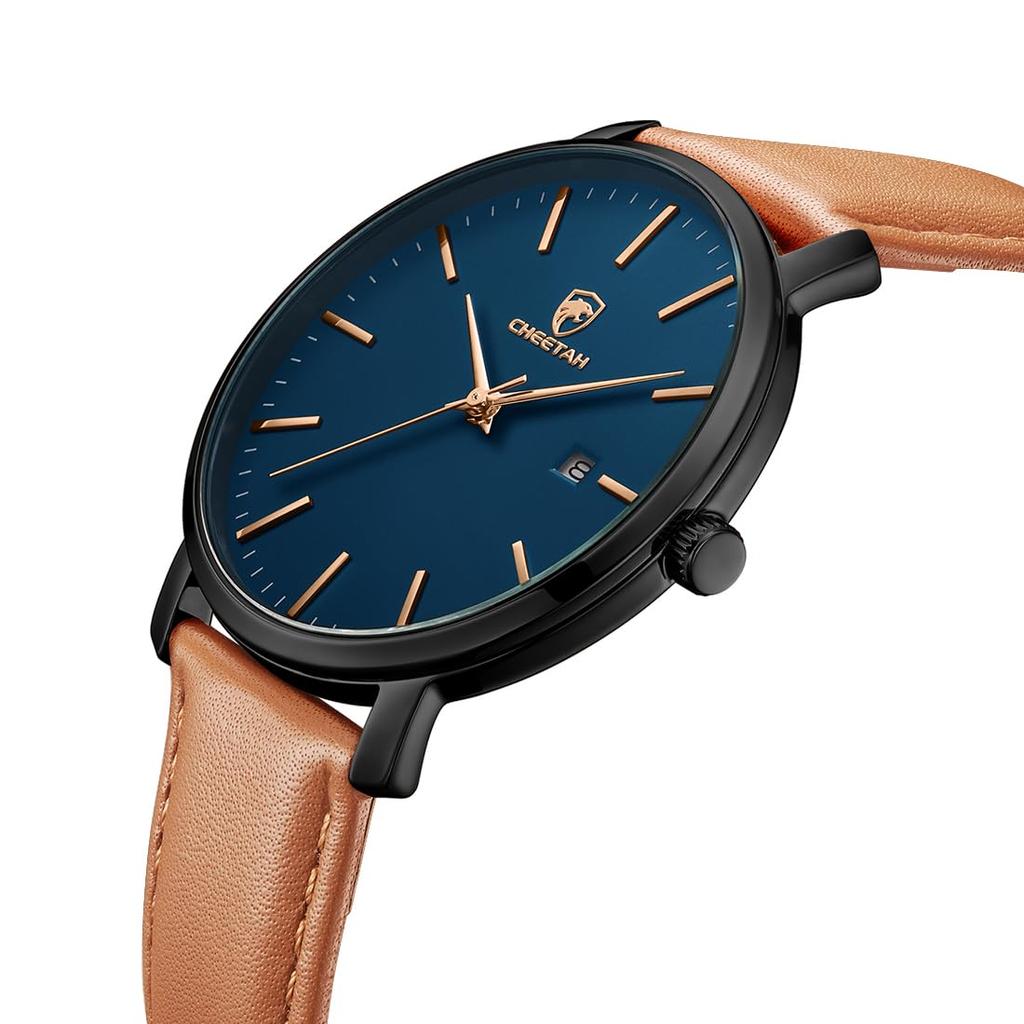 CHEETAH Minimalist Waterproof Quartz Watch for Men with Leather Automatic Strap, Date, Brown/Black/Black. Minimalist, Simple, Casual.