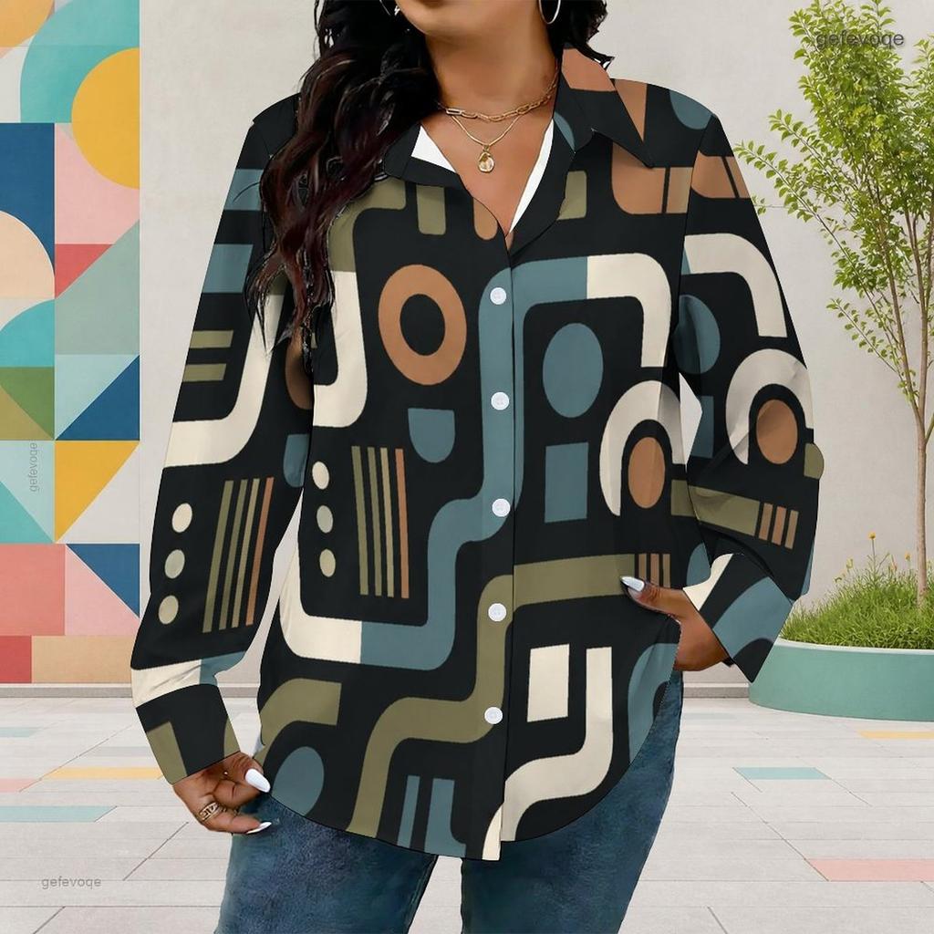 Women Plus Size Collared Neck Long Sleeve Geometric Printed Button Front Curved Hem Shirt