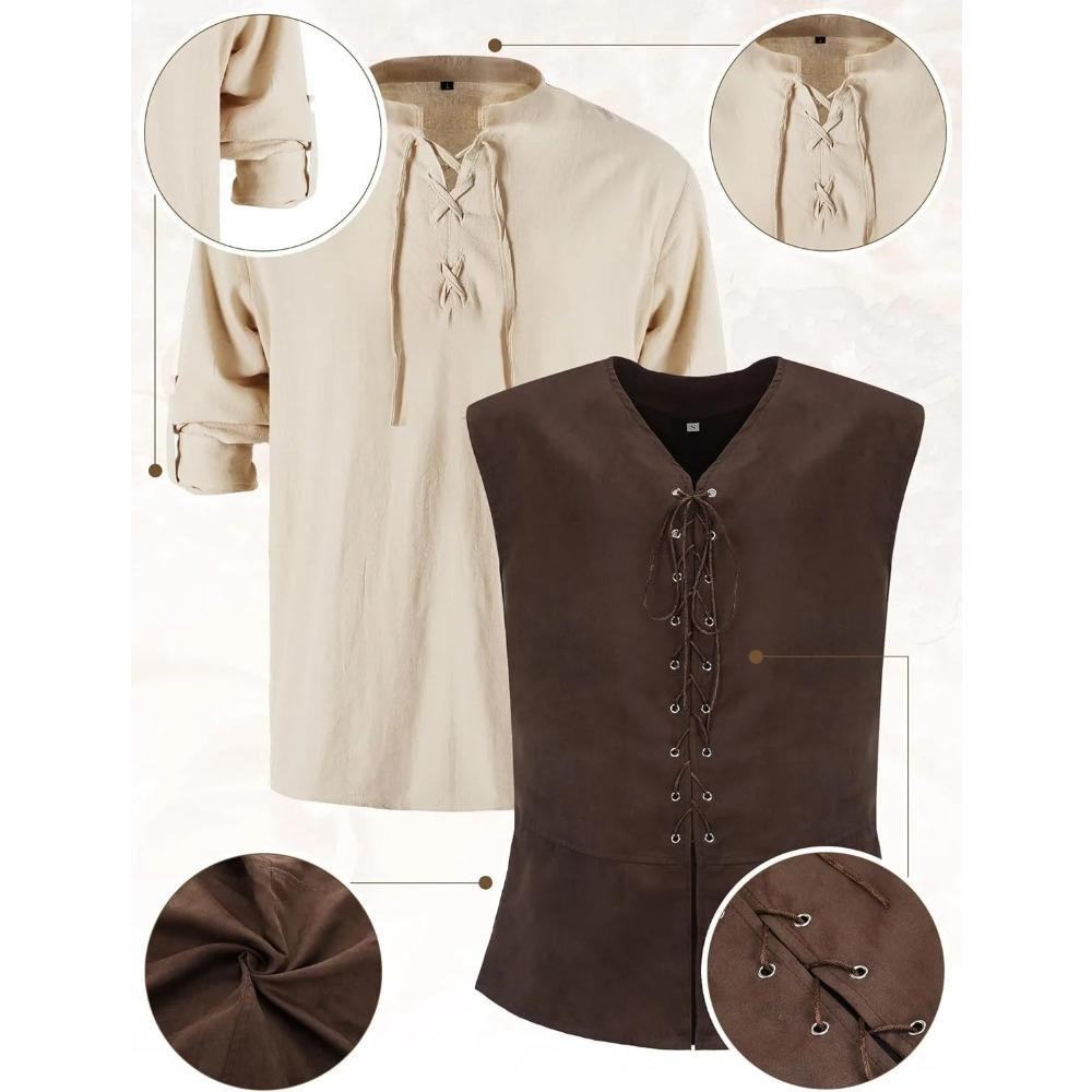 6 Pcs Men's Halloween Renaissance Costume Set Medieval Vest Shirt Ankle Banded Pants Viking Belt Armband Pouch