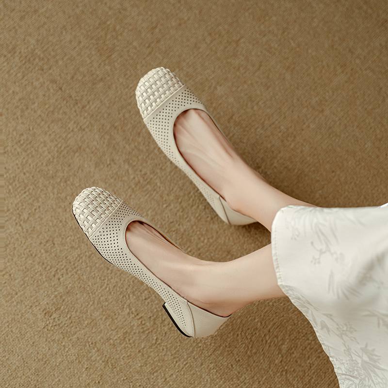 Krazing Pot Cow Skin Weaving Summer Size 41 Low Heels Party Shoes Women Square Toe Gladiator Mixed Color Hollow Out Pumps