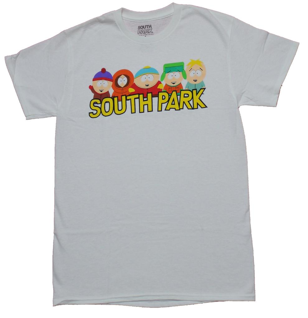 South Park Adult New T-Shirt - 5 Boy Group Over Yellow Word Logo