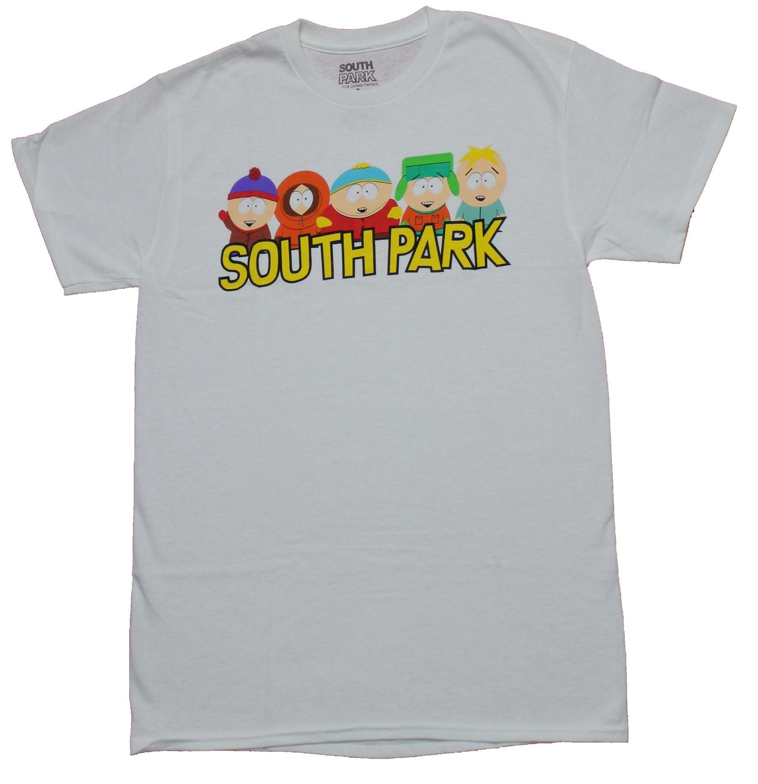 South Park Adult New T-Shirt - 5 Boy Group Over Yellow Word Logo S