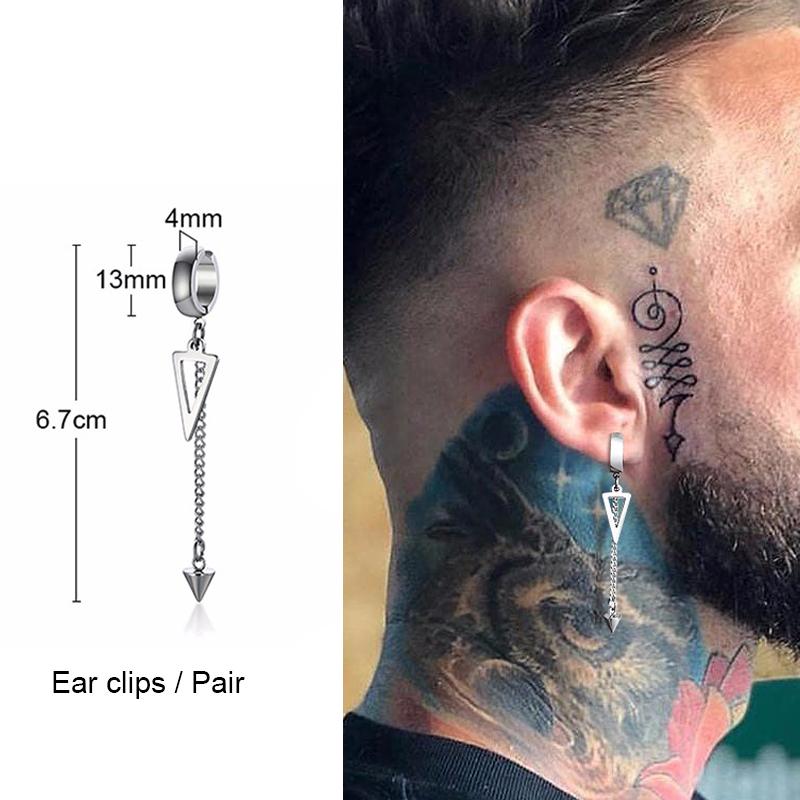 Triangle Cone Spike Long Chain Earring Stainless Steel Double Connected Chains Huggie Hoops Earring Mens Jewelry