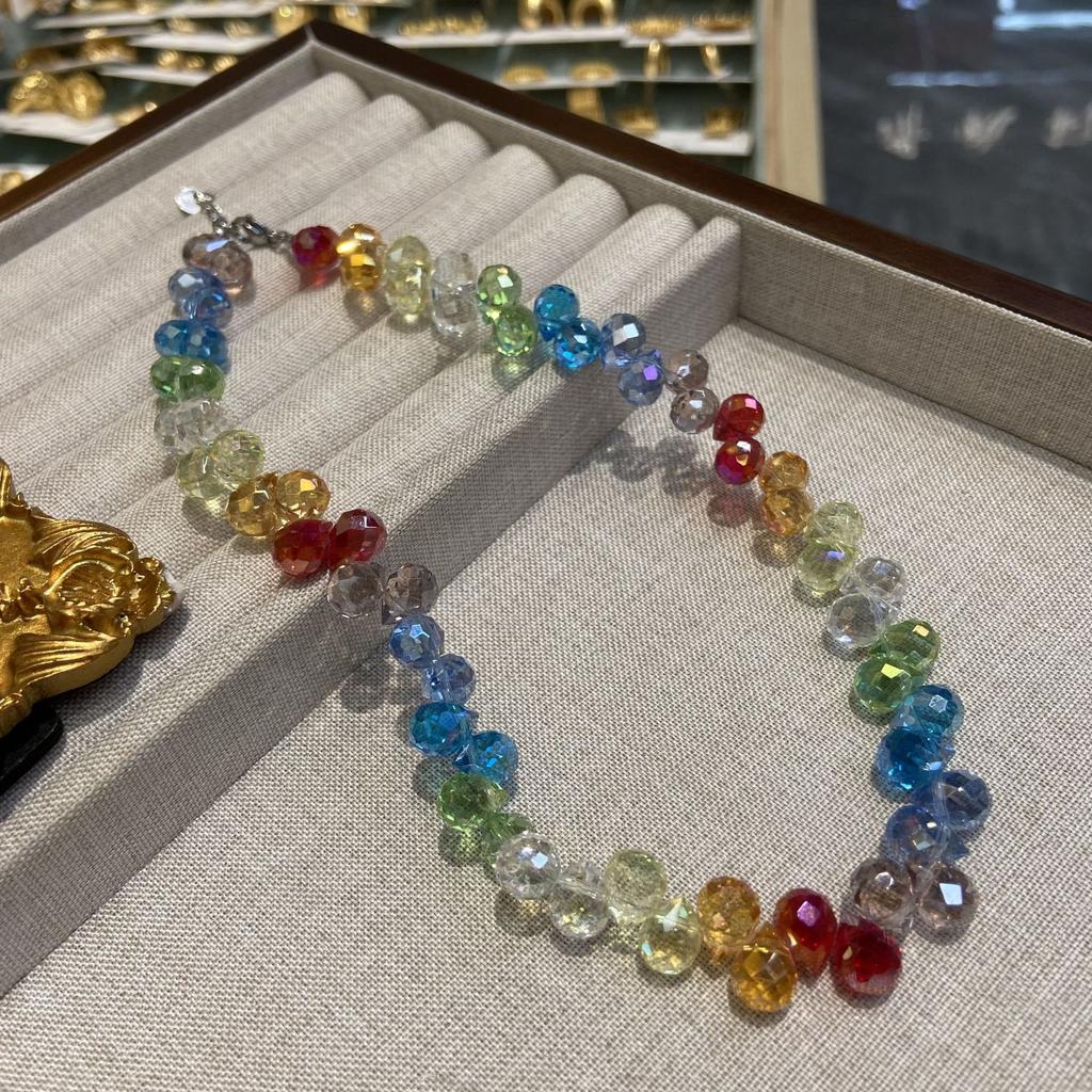 Color Transparent Horizontal Hole Water Drop Crystal Beaded Necklace Light Luxury Jewelry Cute Sweet Girl Colored Beaded Neck Chain
