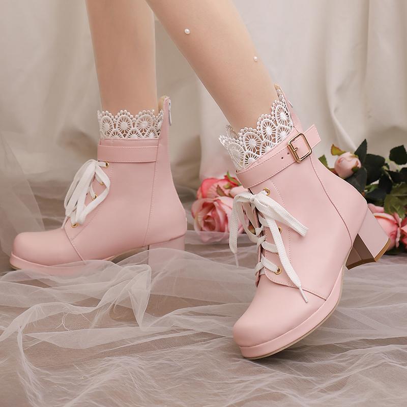 Ankle Boots for Women Lolitas Autumn Winter 2024 Black White Short Boot Low Heels Footwear Shoes Ladies Waterproof Large Size