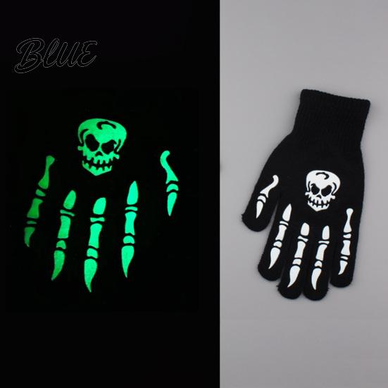 Stylish Scary Costume Accessories Halloween Glow‑In‑The‑Dark Skeleton Knit Gloves Luminous Skull Bone Print Flexible Finger Movement