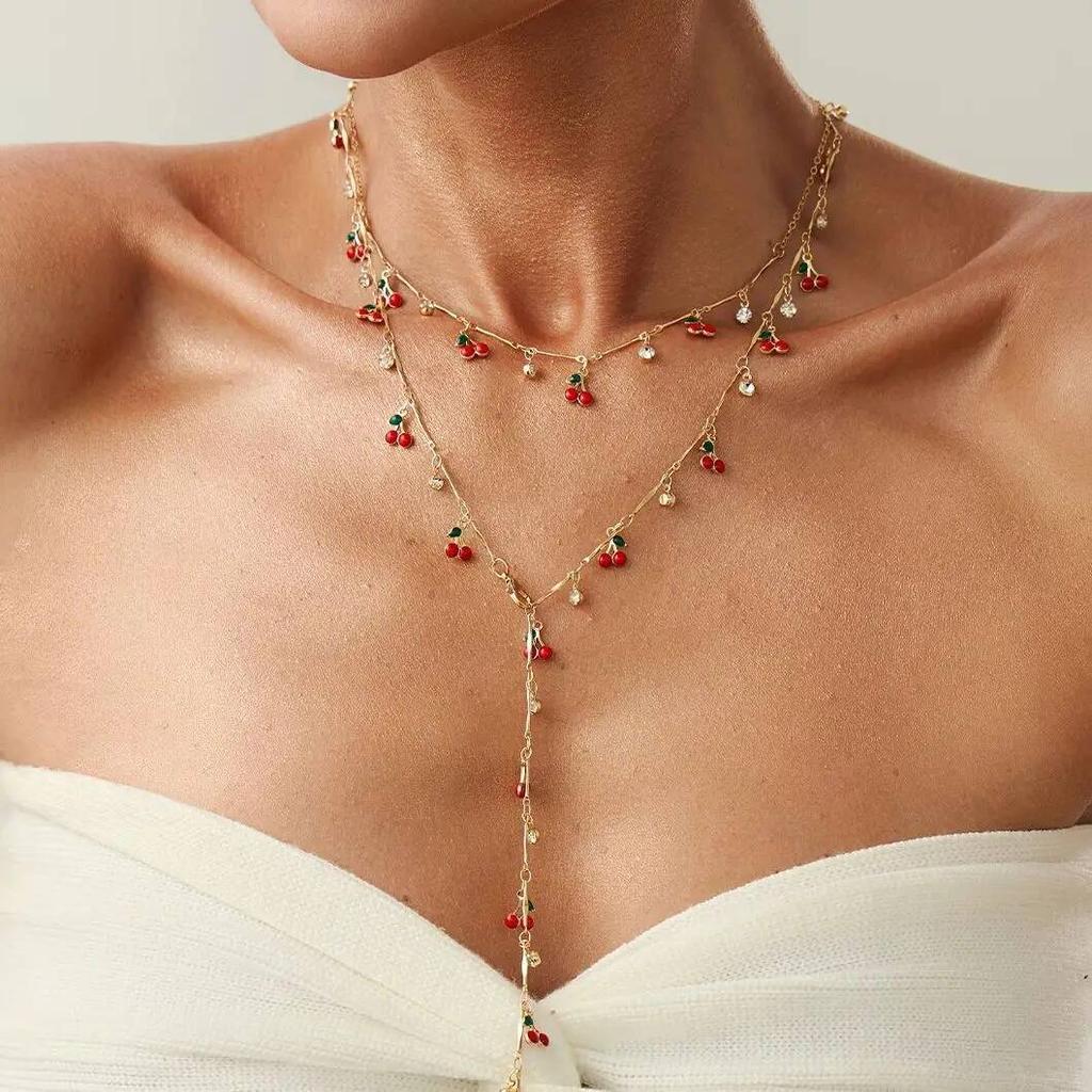 Ingemark 2Pcs/Set Y2K Romantic Cherry Pendant Long Chain Necklace for Women New Trend Sexy Chest Tassel Choker Wedding Jewelry