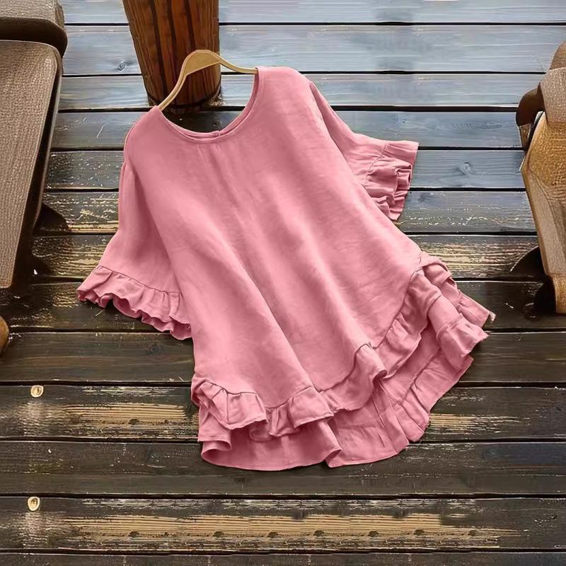 Cross2026 Women's Loose Ruffle Short Sleeve Button-Up Round Neck Shirt