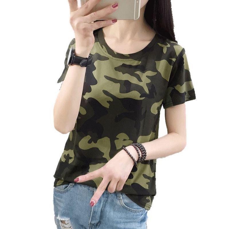 

Жіноча літня повсякденна футболка-пуловер з камуфляжним принтом і короткими рукавами з круглим вирізом M