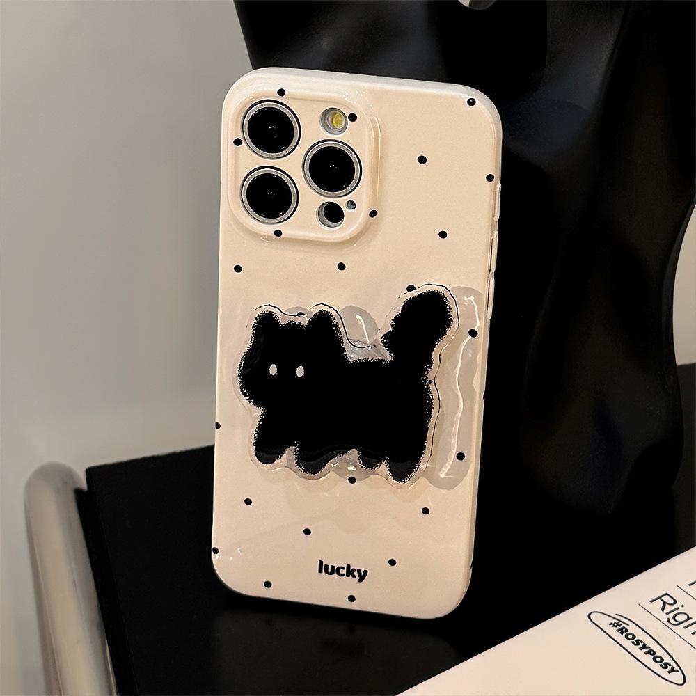 Cute polka dot cat stand phone case suitable for iPhone 17, 14 Pro Max, iPhone 15, soft case for iPhone 16