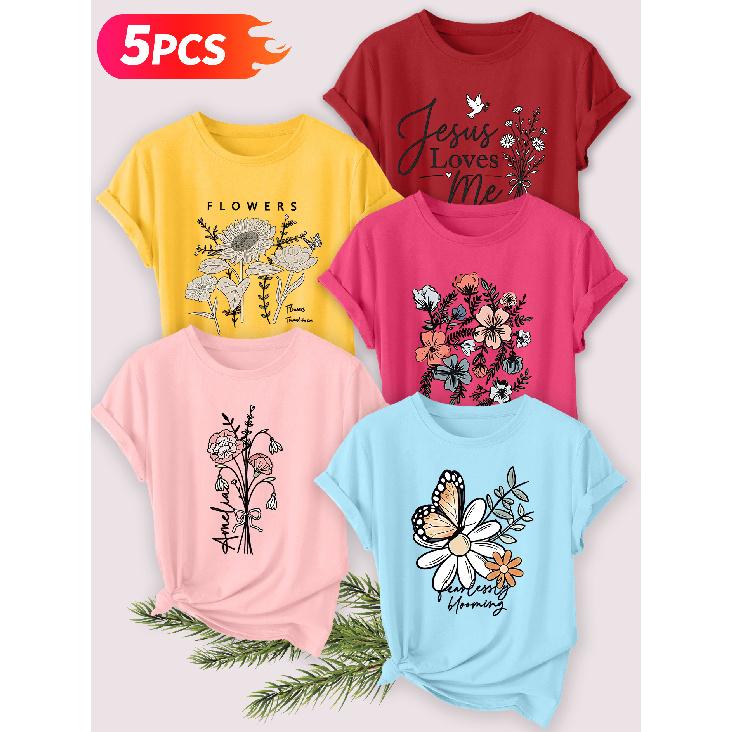 Five-piece set Elegant short-sleeved shirt for women Beach sunset print round-neck women's short-sleeve shirt suitable for spring and summer