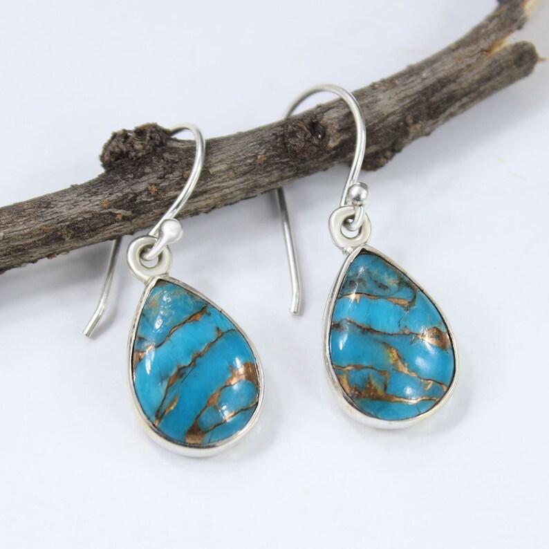 Solid 925 Sterling Silver Blue Copper Turquoise Gemstone Handmade Women Dangle Earring Jewelry Gift For Her